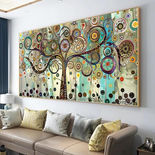 LSYALUCK Quadro su tela Albero della vita Dipinti di alberi colorati Immagini di paesaggi astratti Stampe per decorazioni per la casa e l'ufficio 100x200 cm (39x79 pollici) con cornice dorata