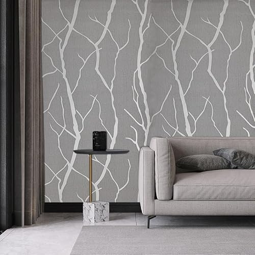 Snewvie Silver Grey Tree Branch Glitter Wallpaper 3D Embossed Textured Wallpaper Modern Minimalist Striped Feature Wall Paper for Bedroom Living Room TV Backdrop Hallway