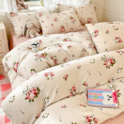 Bettwäsche 140x200 Weiß Rosa Blumen Bettbezug Set und Kissenbezug 70x90 cm | Mädchen,Beige,ÖKO-TEX,Vintage,Blumenwiese,Landhausstil,Gewaschene Mikrofaser,Aesthetic,Wende,Bettwäsche-Sets,Reißverschluss