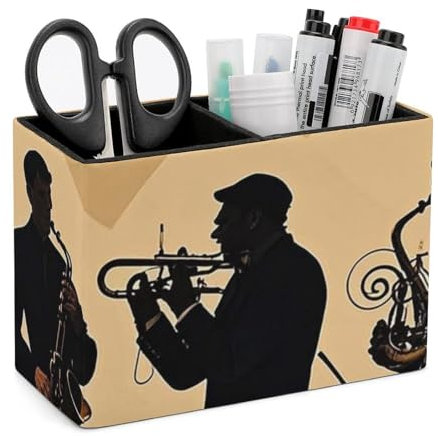 Silhouette eines Jazzquartett-Stiftehalters für den Schreibtisch, 2 Fächer, Stifthalter für Damen und Herren, PU-Leder, Stiftebecher, Schreibtisch, Stifte-Organizer, Make-up-Pinselhalter für