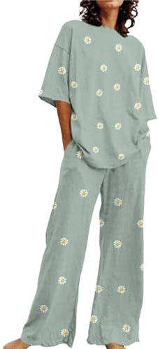 Damen-Umstandspyjama, Baumwolle, geeignet für Sommer, Rundhalsausschnitt, locker, kurzärmelig, Blumendruck, Oberteil, Shirt mit Hose, große Größe, 2er-Set, Schwarz, mintgrün, 5XL