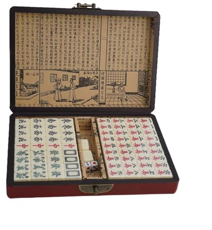 Gettimore Ästhetisch ansprechendes, tragbares chinesisches Mahjong-Fliesenspiel mit einer schön gestalteten Holz-Tragetasche (ohne Griff)