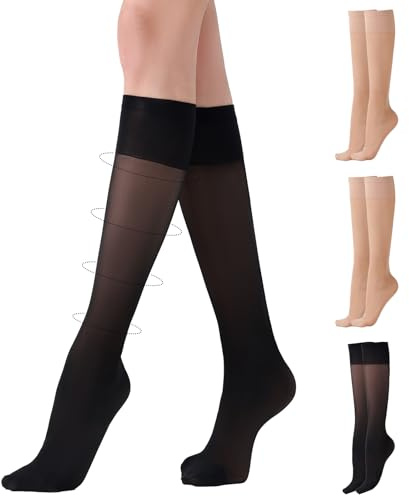 Aaronano Stützkniestrümpfe für Damen Kniestrümpfe 3 Paar 40D Transparent Nylonstrümpfe Kompression Pop Socken,Schwarz,Hautfarben