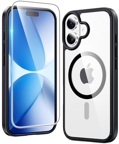 FNTCASE for iPhone 17 Case Clear: Magnetic Transparent Phone Cases with Screen Protector Anti Yellowing Slim Rugged Shockproof Protective Cell Phone Cover Military Grade Drop Protection (Black)