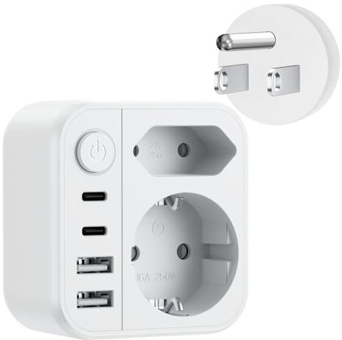 Dalimee Reiseadapter USA Typ B, 7 in 1 Adapter USA Deutschland Stecker mit 2 AC Schuko (Typ C/E/F), 2*USB-C, 2*USB-A und Netzschalter, US Adapter Steckdose für EU zu Amerika, Kanada, Mexiko, Thailand