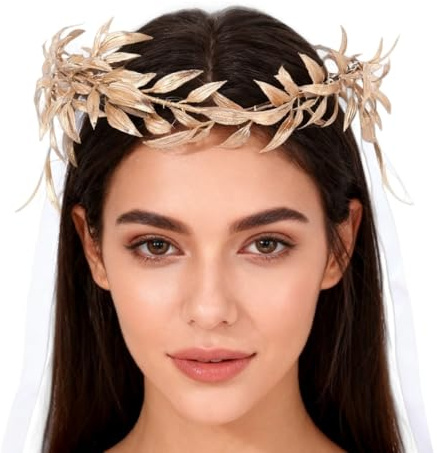 Goldene Griechische Lorbeerkrone, Kopfschmuck Haarreifen Lorbeerkranz Goldener Haarschmuck Damen Frauen Kostüm Zubehör für Erwachsene Hochzeit Geburtstag Cosplay Halloween Renaissance Party Karneval