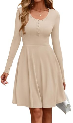EIRUKON Damklänning, långärmad rund hals, höstklänning, elegant tröjklänning, ribbad knälång, ledig höst, vinter, A-linje, midiklänning med fickor, Beige, XXL