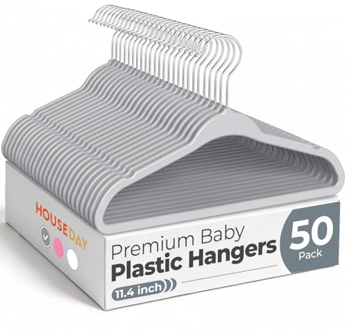 HOUSE DAY 11.4 Inch Baby Hangers 50 Pack - Plastic Kids Hangers Space Saving Thin Profile, Children Closet Organizers with Rotatable Hook of 360°, Heavy Duty for Toddler Clothes Nursery - Gray