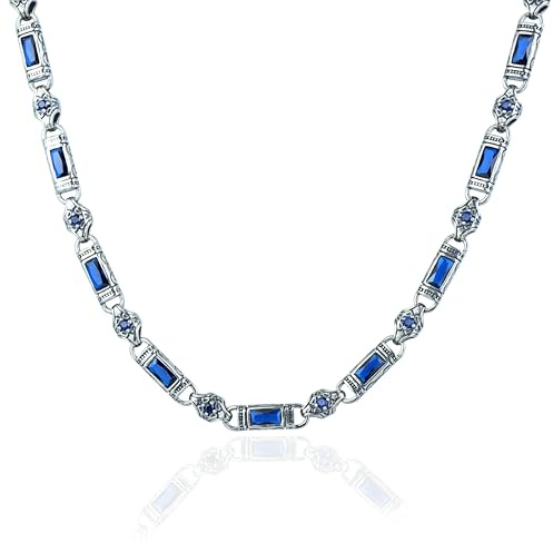 Silver Hand-Engraved Sapphire Chain, Byzantine Chain Necklace, Men Gemstone Link Chain, King Chain Necklace, Perfect Men Gift (60 Cm)