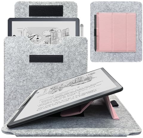 DMluna Tablet fodral väska för Kindle Scribe/Scribe Colorsoft 11 tum 2025 Release, skyddsfodral med justerbar stativfunktion och pennhållare, repbeständig, organisation, grå + ros
