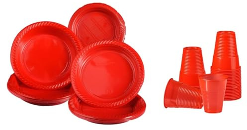DETERMONDO Set 190 Pezzi Natalizio 45 Piatti Piani Rossi, 45 Piatti Fondi Rossi 50 Piatti Dessert, 50 Bicchieri Rossi Servizio per 12 Persone o Più, Feste Natale, Elegante, Riutilizzabile