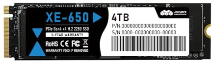 LinkMore XE-650 de 4 to NVMe PCIe 4.0 SSD Interne, jusqu'à 7200 Mo/s de Lecture, Stockage M.2 2280 pour PC de Jeu, Ordinateur Portable et Mise à Niveau du système