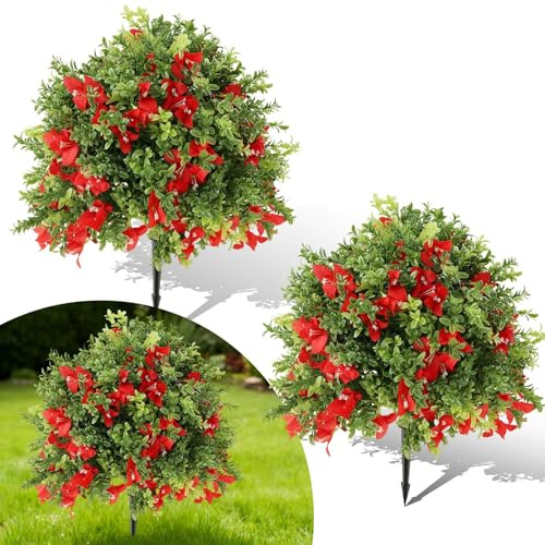 GarveeLife Set of 2 Artificial Boxwood Topiary Ball Trees – UV-Resistant Faux Greenery with Silk Flowers, Ground Spikes Included – Decorative Fake Shrubs for Indoor Outdoor Use, Planters & Weddings