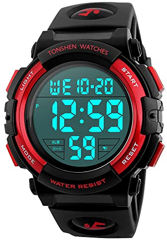 TONSHEN Unisex LED Digital Outdoor Sport Uhr Wasserdicht Armbanduhr Elektronische Militär Tactical Uhren 12H/24H Zeit Kalender Alarm Stoppuhr EL Licht Plastik mit Silikon Große Anzahl