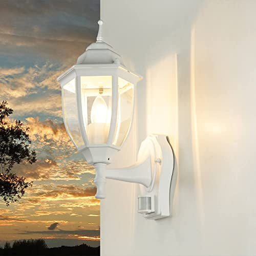 Applique murale extérieure avec détecteur de mouvement en aluminium et verre blanc IP44 pour entrée et cour H:35,5 cm E27 Lanterne style maison de campagne, lampe extérieure pour jardin LYON