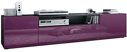 Vladon Lowboard Mogan, TV-Kommode mit 2 Türen, 1 Klappe und 1 offenes Fach, Schwarz matt/Brombeer Hochglanz (181 x 39 x 35 cm)