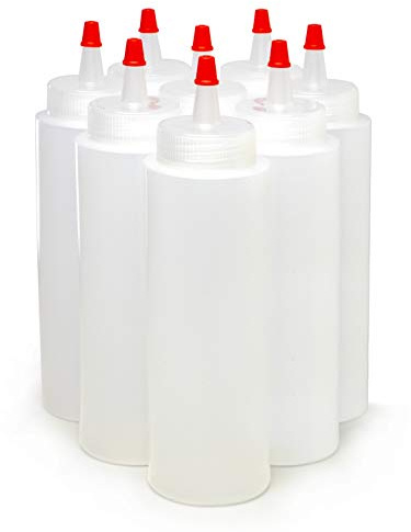 Bastex 8-ounce Plastic Squeeze Bottles Pack of 8. Clear Bottles with Yorker Red Caps. Perfect for Arts and Crafts Food Glue Paint or any DIY Liquids. Multiple Purpose Refillable, Reusable Containers.