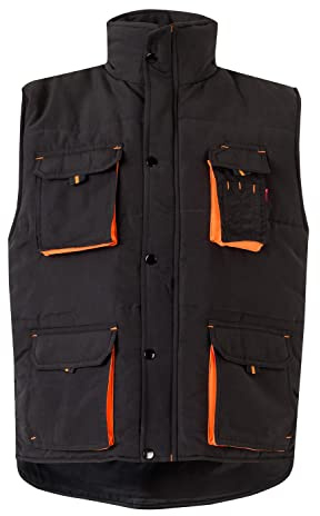 Velilla 205902; Chaleco acolchado bicolor multibolsillos; color Negro y Naranja; Talla XL