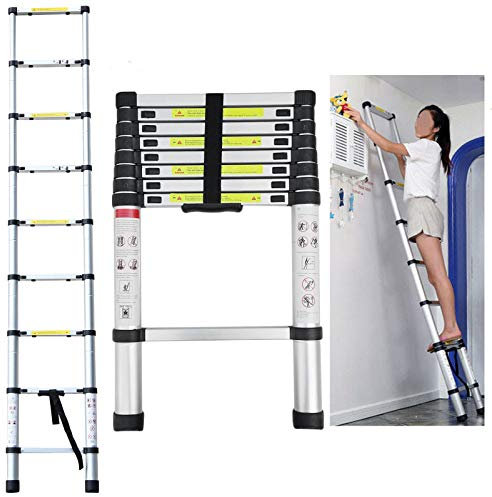 Aluminum Attic Ladders 2.6m/8.5ft Telescoping Ladder Multi-Purpose Loft Ladder Portable Lightweight, Easy Carrying & Storage for Indoor Outdoor Usage Foldable Design Straight Ladder