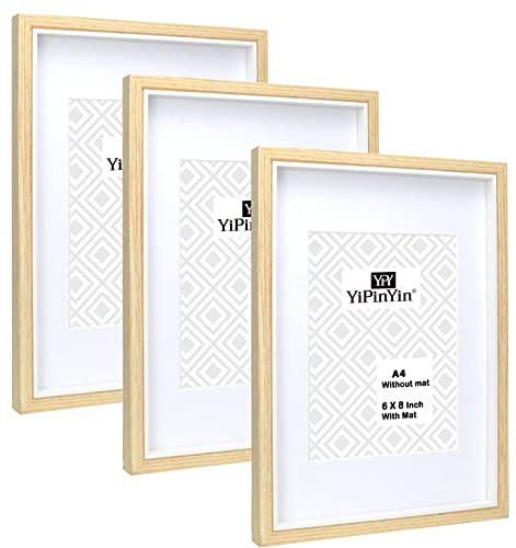 A4 Wood & White Two Tone Photo Frames With Mount for A5 (6 x 8'') set of 3, Stylish A5 Wood Boxed Inlay Frame 3Pack, A4 Photo frames with mount for 6 x 8'' frame for Tabletop and Wall hanging.