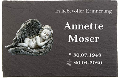 Pokal Center Westerheider Grabstein ruhender Engel, Urnengrabstein, Grabplatten mit Lasergravur, 30cm x 20cm 100% witterungsbeständig - Naturschieferstein