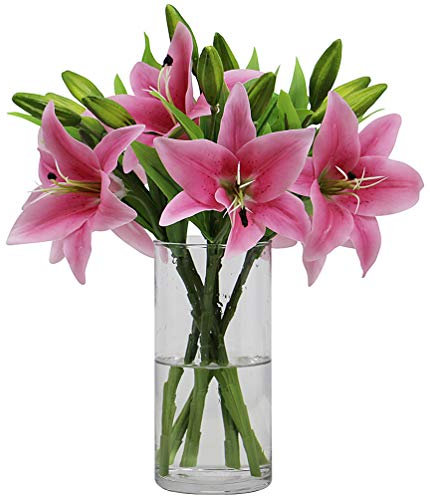 Omygarden 6pcs Pink Artificial Tiger Lily Flower, Fake Plastic Lily Flower Bouquet, Home Office Wedding Party Decoration, WITHOUT VASE