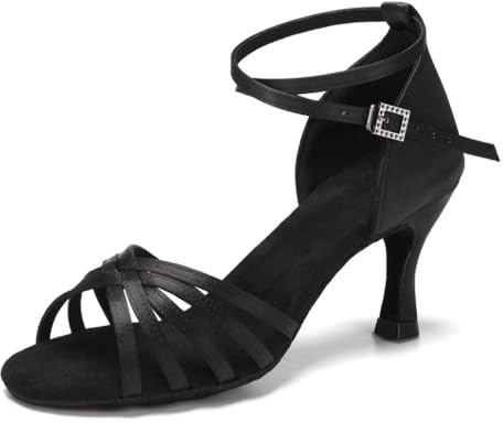 RUYBOZRY Scarpe da Ballo Latino Americano Donna in Raso Scarpe Ballo Salsa da Sala Modello-802QB,Tacco-7cm,Nero,EU 37