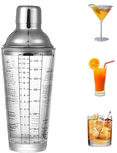 Shaker per Cocktail in Vetro, Shaker per Cocktail in Acciaio Inox, Shaker per Cocktail, Shaker per Cocktail in Vetro con Scala, 400 ml, per Vino, Succhi Frutta Misti, Bevande