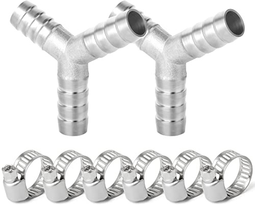ERGAOBOY 2 stycken 10 mm rostfritt stål slangkoppling T-stycken, 3-vägs Y-formad SUS 304 slanganslutning med 6 stycken klämmor