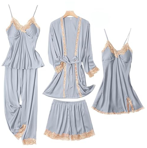 SAPJON Conjunto de pijama para mujer, 5 piezas de pijama de seda para mujer, ropa de dormir linda, conjunto de pijama de satén para mujer, suave, gris, M