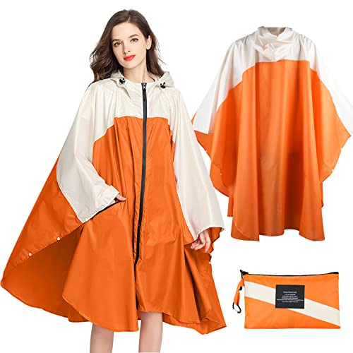 SOPPY Lightweight Waterproof Rain Poncho for Women Men, Windproof Reusable Ripstop Breathable Raincoat with Hood for Outdoor Activities Quick Dry Hooded Raincoat Free Size - Orange(Width 153cm)