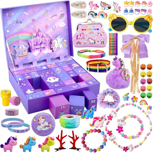 Advent Calendar 2025 for Girls, Christmas Countdown Calendar 24 Days Christmas Countdown Unicorn Gifts for Kids Girls Including Hair Accessories, Hair Clips, Bracelets, Purse