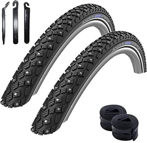Angebot-Set / 2 x Schwalbe Marathon Winter Plus Fahrradreifen Drahtreifen mit Reflex in Schwarz 35-622 (28 x 1.35) + 2 Schwalbe Schläuche DV17 inkl. 3 Reifenheber