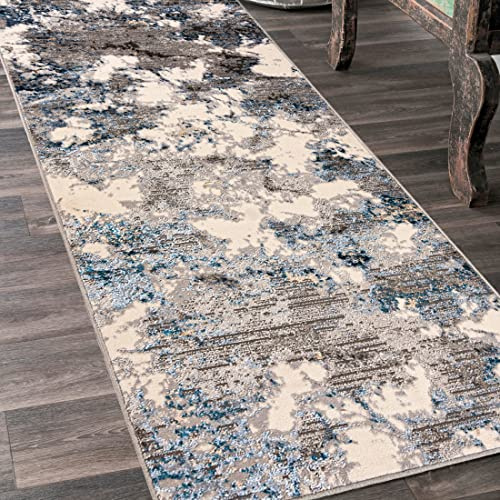 Mazovia Teppich Läufer Flur - Modern Teppichläufer – Kurzflor, Weich - für Vorzimmer Eingangsbereich Schlafzimmer Küche Korridor - Abstrakt Muster 100 cm Breite - Beige Blau Grau 100 x 175 cm