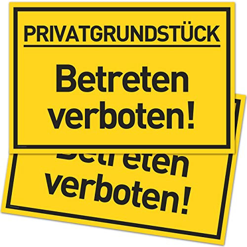 2er Set Privatgrundstück Schilder (30x20 cm Kunststoff) - Betreten und Befahren verboten Schild - Privatweg - Zutritt verboten - Durchgang Privat - (Gelb) Betreten Verboten