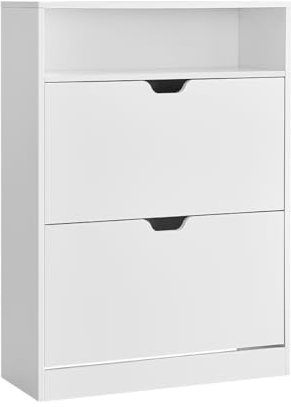 VASAGLE Schuhschrank 2 Klappen, Schuhkipper, Schuhregal, Schuhaufbewahrung, offenes Fach, Trennwand verstellbar, für 11-16 Paar Schuhe, Flur, 24 x 80 x 102 cm, wolkenweiß LBC048W01