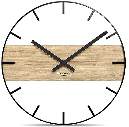 Cander Berlin MARLIT - Orologio da parete in stile vintage, silenzioso, 33 cm, in metallo, legno di quercia, senza ticchettio, moderno, colore nero