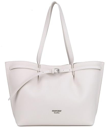 Princely London Shopper Nicole - Weiße Mittlere Damen Handtasche aus Hochwertigem Veganen Leder, Perfekt für Arbeit, Schule und Freizeit, Elegant und Praktisch mit Reißverschluss & Schulterriemen