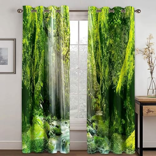 MTBDDyyds Vorhänge Für Kinderzimmer Jungen - 3D Wasserfall Grün Bäume 160X132Cm - Kinderzimmervorhänge Mit Ösen, Verdunkelungsvorhang Gardinen Schals Vorhang Blickdicht