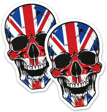 (2 Pack) Union Jack Skull - Waterproof Vinyl Sticker - Funny Retro Splash Van Car Bike Decal Flag Decals Laptop Tablet Helmet Biker
