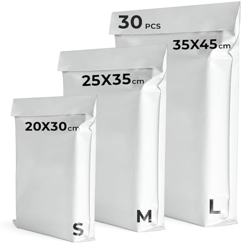 UGIX Enveloppes Plastique d'Expédition,30Pcs-3 Tailles Différentes- Pochettes d'Envoi Colis Vinted, Auto-Adhésives,Résistantes,Opaques,Idéales pour Emballage Colis vinted, Vêtements,Chaussures, Livres