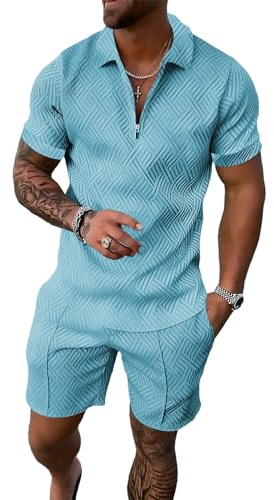 amropi Herren Sportanzug Sommer Trainingsanzug Kurzarm Reißverschluss Top und Shorts Kleidung Set