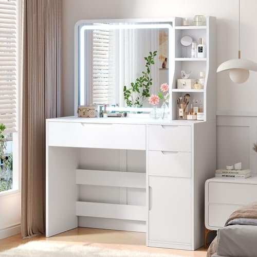 Brinlawb Weißer Schminktisch, Kosmetiktisch mit LED-Beleuchtung & Spiegel - 3 Farbtemperaturen, dimmbar | Schminktisch mit 3 Schubladen, 3 Regalen & Schrank | Weißer Make-up Tisch für Schlafzimmer