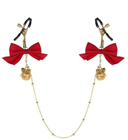 Stainless Steel Adjustable Body Clamps, Bowknot and Bells Design, with Chain, Non-Piercing Body Jewelry for Women (Red)