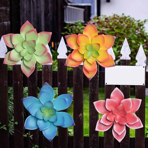JILIP 4 TLG Sukkulenten Garten Deko Wandbehang Aus Metall, Blumen Wandkunst Aus Metall, Garten Wanddeko für Draußen Badezimmer Wohnzimmer Küche Gartendeko