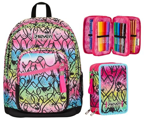 Seven Zaino Scuola Doppio Scomparto New Fit Rosa, Tasca Porta Borraccia, Maxi Capienza + Astuccio 3 Scomparti Rosa Bambina e Ragazza