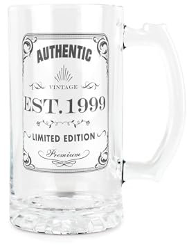 Purely Home Born in 1999 Gift Glass Stein - Vintage Beer Glass Present - 450ml Drinking Cup/Tankard Mug with Handle Gifts for Birthdays