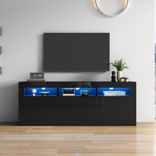 MSMOK 160×35×60cm Hochglanz-TV-Schrank mit LED-Beleuchtung, 3 offenen Fächern, 2 Türen, 2 Schubladen, Smart App Steuerung, für 70-Zoll-Fernseher,Hochglanz-TV-Ständer (Schwarz)