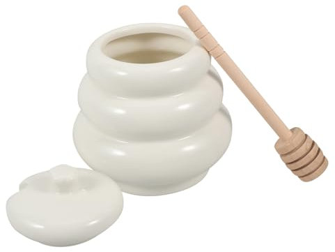 KICHOUSE Ceramic Honey Pot Lid Wooden Dipper for Honey Storage Container for Kitchen