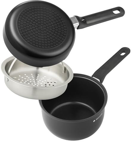 Navaris Set Casseruola Antiaderente e Pentolino Induzione Ø 19 cm - Pentola a Vapore con Vaporiera in Acciaio Inox - Padella Piccola per Tutti i Piani Cottura - Tegamino Nero